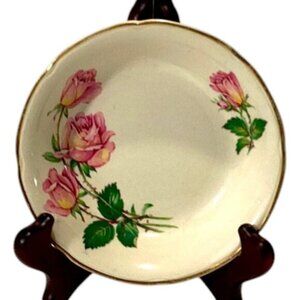 Vintage Dessert Dish Rose Bouquet w/ 22Kt Gold Border Made in England 5" Diam